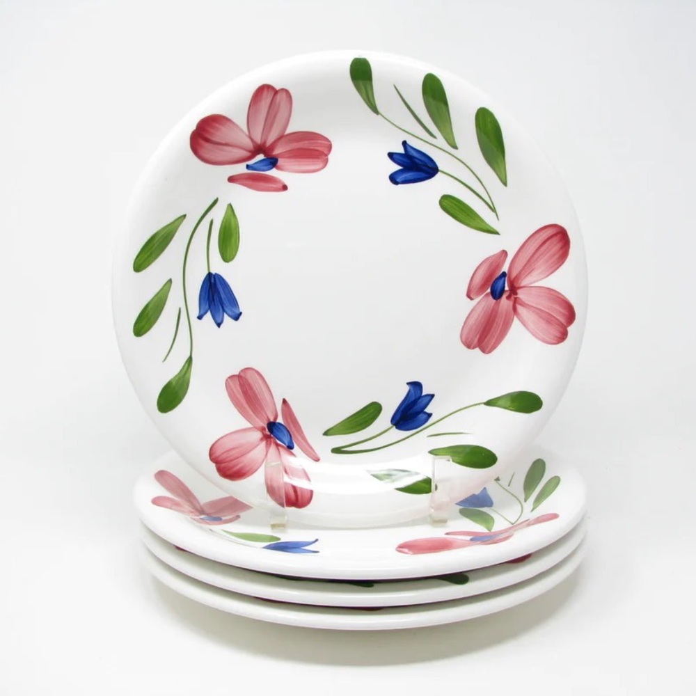 Vintage Maxam Primula Italy Ceramic Dinner Plates Pink & Blue Floral 6 Pieces
